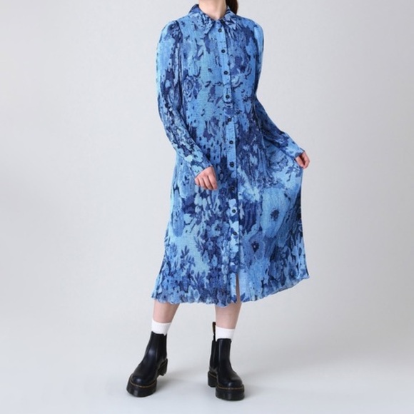 GANNI Pleated Floral Print Georgette Midi Dress 40 In Acid Blue Quiet Luxury EUC - Picture 1 of 15